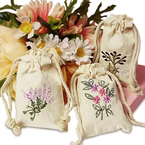 Botanical Embroidered Cotton Pouches